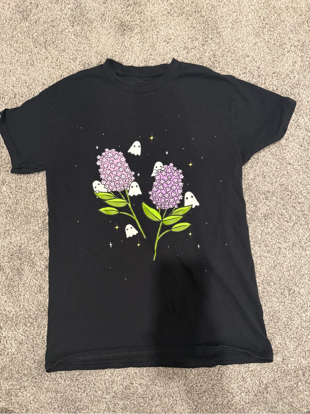 Black Graphic Tee with Purple Flowers and Ghosts